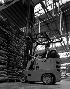 Loaded Gallery: A Clark forklift truck, Spillers Animal Foods, Gainsborough, Lincolnshire, 1962. Artist