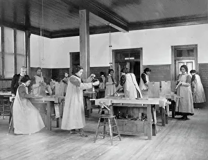 Woodwork Prints: A class in sloyd woodworking, 1899 or 1900. Creator: Frances Benjamin Johnston