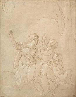 Chalk Collection: Classical Female Figure (Diana or Venus) with Two Infants, ca. 1539-42