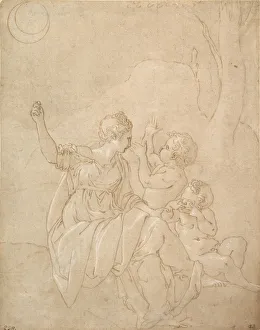 Francesco Primaticcio Collection: Classical Female Figure (Diana or Venus) with Two Infants, ca. 1539-42
