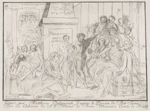 Speaker Prints: Classical scene of figures gathered around an orator at right (possibly related to healing)