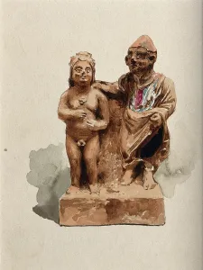 Genitals Prints: Clay figures, the right one clothed and placing his hand on the left one