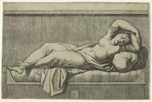 Lying Gallery: Cleopatra lying partly naked on a bed, ca. 1515-27. Creator: Marcantonio Raimondi