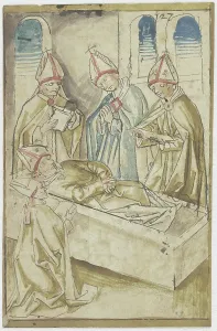 Funeral Prints: Four clergymen praying around a coffin (The Death of Saint Ulrich)