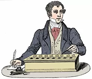 Clerk Gallery: Clerk using a Pascal adding machine, 1835