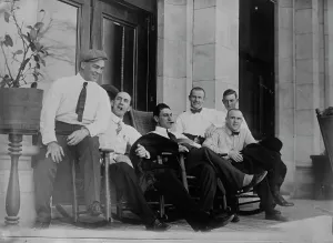 Porch Prints: Six Cleveland ball players seated on porch, 1910. Creator: Bain News Service