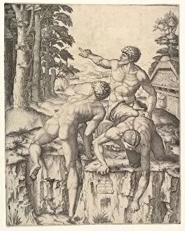 Raimondi Gallery: The Climbers: three naked men, one seen from behind climbing onto a river-bank