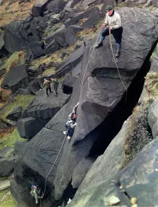 Climber Prints: Climbers on Stanage Edge, Hathersage, Derbyshire, 1964. Artist: Michael Walters