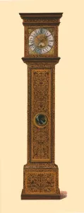 Macquoid Prints: Clock inlaid with dark marquetry, 1905. Artist: Shirley Slocombe