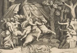 Tiber Prints: Cloelia on horseback crossing the Tiber, ca. 1540-60. Creator: Giulio Bonasone