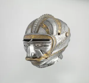Mardi Gras Prints: Close Helmet with Mask Visor in Form of a Human Face, German, Augsburg, ca. 1515