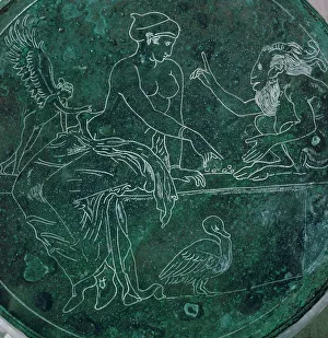 Knucklebones Prints: Close-up of a Greek bronze mirror-back