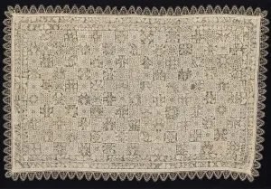 Filet Lacis Prints: Cloth with One Figure of a Woman Carrying a Cross Surrounded by Floral and Vegetal