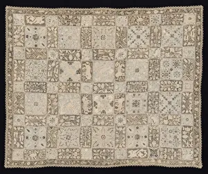 Filet Lacis Prints: Cloth with Unicorns, Dragons, Other Animals, and Floral Patterns, 1800s. Creator: Unknown