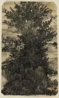 Bresdin Rodolphe Prints: Clump of Trees with a Village in the Distance, 1861. Creator: Rodolphe Bresdin