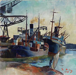Steamers Prints: Coal ships in a harbour, 1929. Creator: William Rosenberg