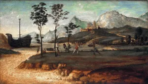 Coastal Landscape with two men fighting, c. 1510. Artist: Cima da Conegliano, Giovanni Battista (ca. 1459-1517)