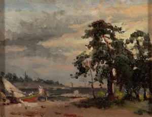 Berndt Lindholm Prints: Coastal landscape, pine trees and a boat, 1863. Creator: Berndt Lindholm