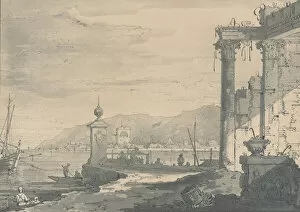 A coastal scene with a classical ruin at right, 1811. Creator: George Hawkins
