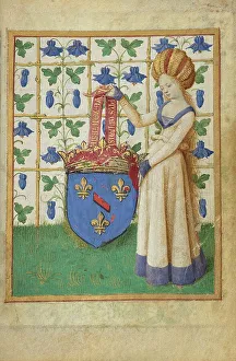 Identity Prints: Coat of Arms Held by a Woman; Hours of Simon de Varie, 1455. Creator: Jean Fouquet