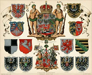 Chromolithography Prints: Coat of arms of the Kingdom of Prussia and provinces (Meyers GroBes Konversations-Lexikon)