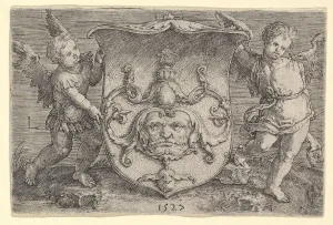 The Metropolitan Museu Prints: Coat of Arms with a Mask, Held by Two Genii, 1527. Creator: Lucas van Leyden