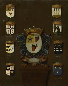 Escutcheon Prints: Coat of Arms of Sara van Os, Wife of Jan van Reyersbergh with its eight quarterings