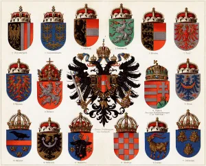 Coats of arms of Counties of Austria-Hungary and small Austrian national coat of arms, c