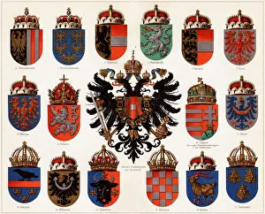 Coats of arms of Counties of Austria-Hungary and small Austrian national coat of arms, c