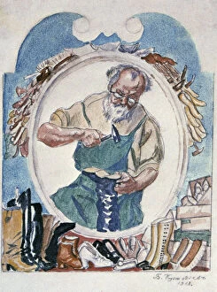 Boris Michailowitsch Gallery: The Cobbler, 1918. Artist: Boris Mikhajlovich Kustodiev