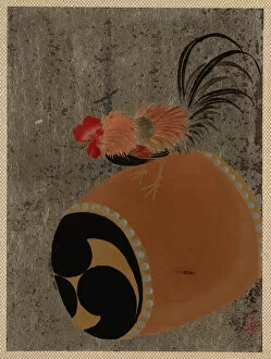 Shibata Zeshin Gallery: Cock on Drum, 1882. Creator: Shibata Zeshin
