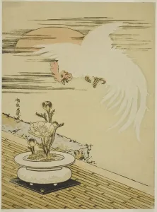 Rooster Gallery: Cock Flying Over Pot of Adonis, c. 1770s. Creator: Isoda Koryusai