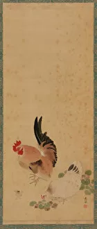 Chickens Gallery: Cock, hen and chick, Edo period, 18th century. Creator: Maruyama Okyo