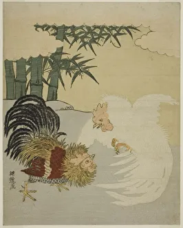 Aggression Prints: Cocks Fighting near Bamboo Grove, c. 1770s. Creator: Isoda Koryusai