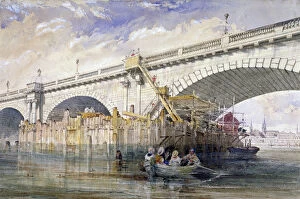 Blackfryars Bridge Gallery: Coffer dam erected for repairing the pier of Blackfriars Bridge, London, c1870. Artist