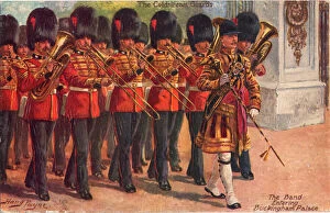 Buckingham Palace Gallery: The Coldstream Guards - The Band entering Buckingham Palace, c1930. Creator: Harry Payne