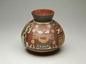 Walking Staff Gallery: Collared Jar Depicting Costumed Ritual Performer Holding Checkerboard Staff, 180 B.C. / A.D
