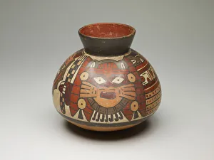 Collared Jar Depicting Costumed Ritual Performer Holding Checkerboard Staff, 180 B. C. / A. D