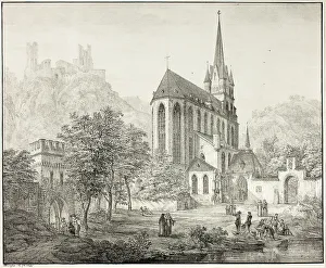 Alter Prints: Collegiate Church of Our Lady, with Castle Schoenberg at Oberwesel on the Rhine