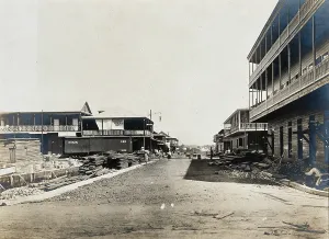 Construction Site Prints: Colon, Panama; street with building works in progress, 1907. Creator: Unknown