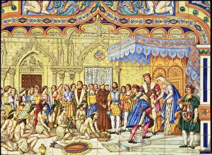 Colon received by the Catholic Kings after their first trip to Barcelona tile panel