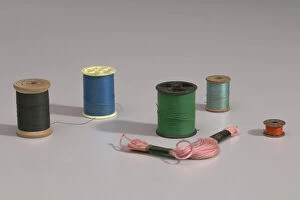 Shop Gallery: Six colors of thread from Maes Millinery Shop, 1941-1994. Creator: Unknown