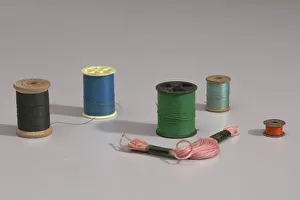 Cotton Reel Prints: Six colors of thread from Maes Millinery Shop, 1941-1994. Creator: Unknown