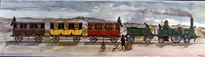 Barcelona Prints: Coloured drawing of the train between Barcelona and Mataro, the first train