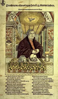 German Text Prints: Coloured woodcut portrait of Martin Luther with verses in German, c1546. Creator: Unknown