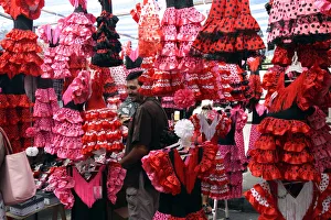 Flamenco Prints: Colourful flamenco dresses for sale in a market, Mallorca, Spain