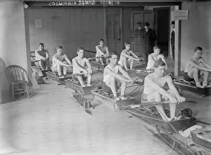 Fitness Prints: Columbia crew team in mock shells practicing in club house