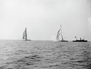 Ng Herreshoff Prints: Columbia and Shamrock I after the start, Oct. 19, 99, 1899 Oct 19. Creator: Unknown