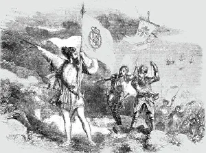 Genoa Liguria Italy Prints: Columbus taking possession of the Island of St Salvador; Columbus and his Discoveries 1492