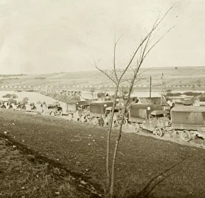 Column of trucks on the Voie Sacree, Verdun, northern France, c1914-c1918